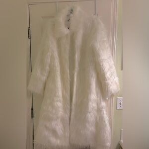White Faux Fur Mid Length Coat~Size Medium